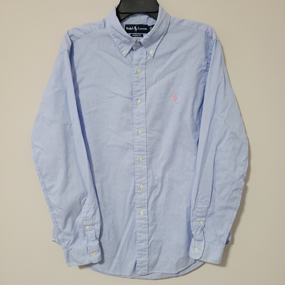Ralph Lauren Classic Fit Button Down Shirt Mens L Blue Poplin Pink Pony Preppy